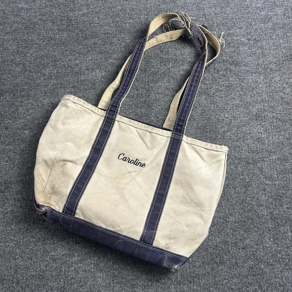 LL Bean Boat and Tote Bag Medium Natural Navy Canvas Monogram Caroline USA